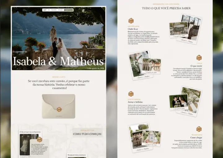 Apresentação de um site de casamento com fotografia do casal, história e informações para os convidados.