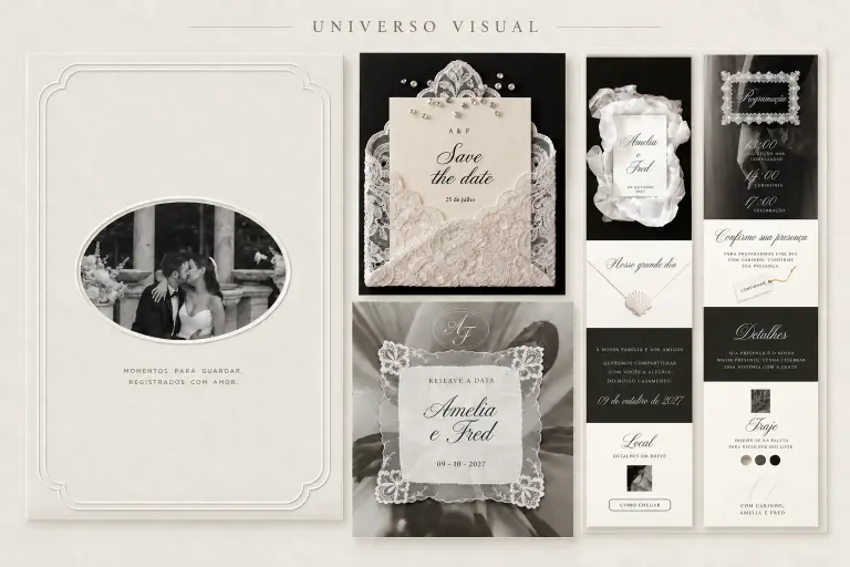 Painel de identidade visual de casamento em tons de marfim, com convite, save the date e peças de comunicação