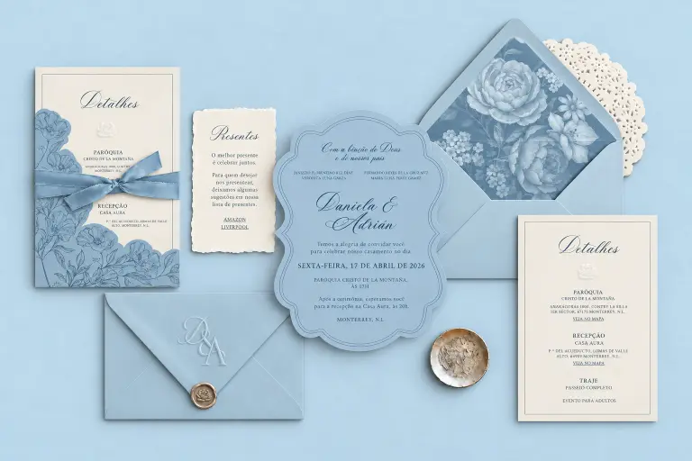 Convite e papelaria de casamento em azul-claro, com envelope, cartões e detalhes florais